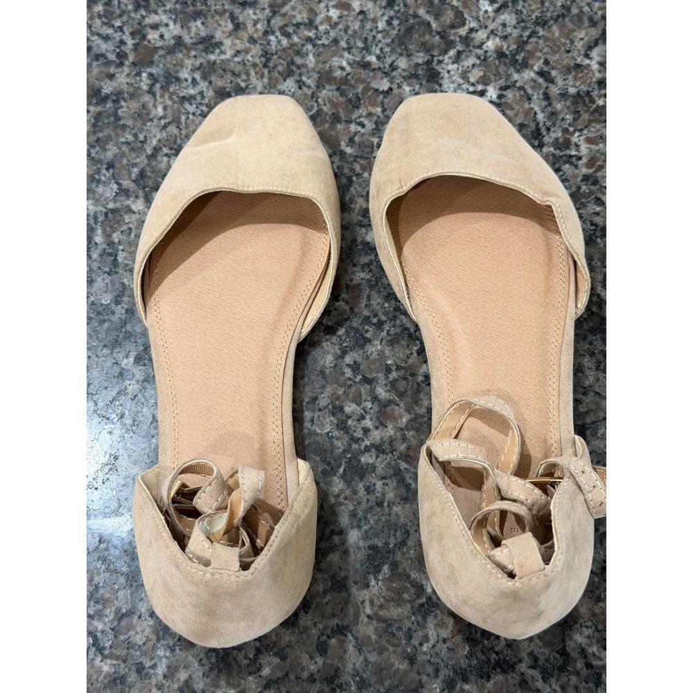 ASOS DESIGN Lullaby Beige Faux Suede Ankle Tie Square Toe d'Orsay Ballet Flats 8